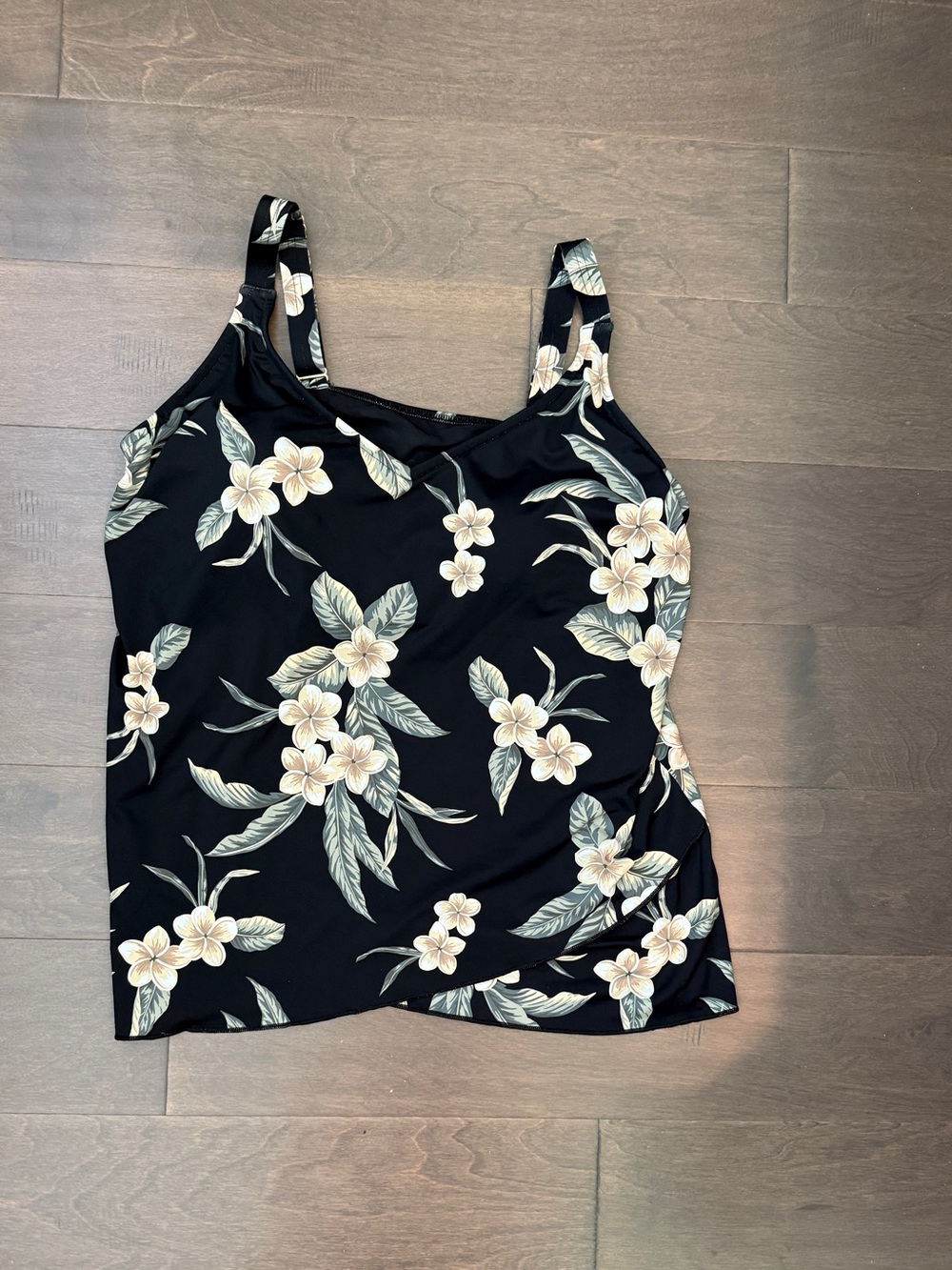 Lands' End Tulip Style Black Floral Print Swim Top L 10-12 D Excellent
